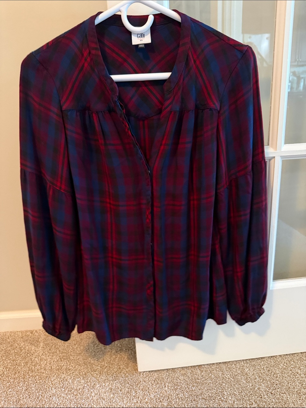 CAbi Burgundy and Navy Plaid Button-Up Blouse